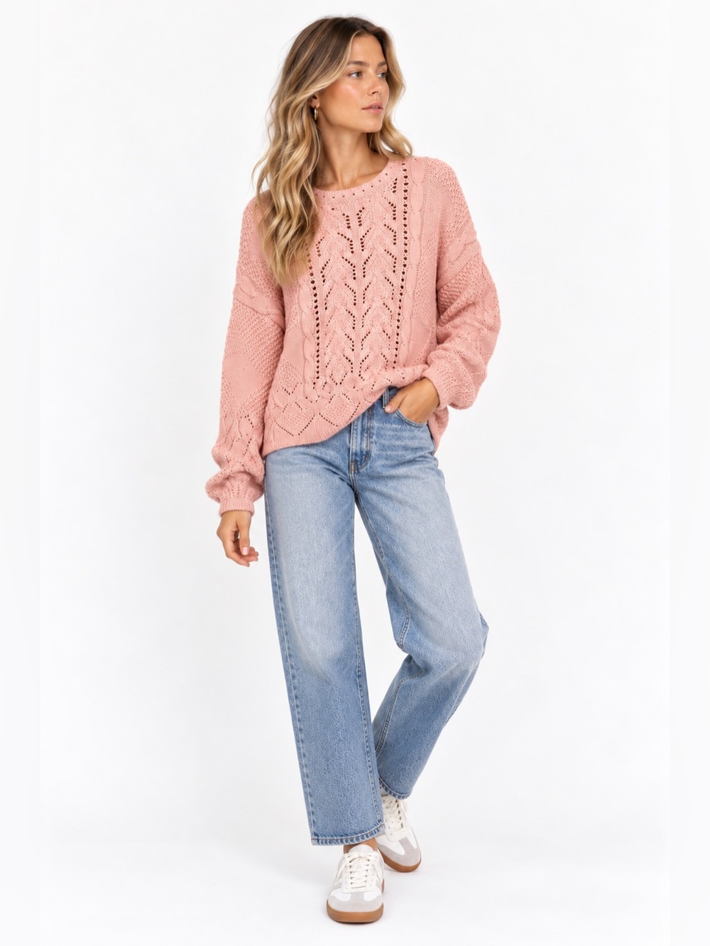 Vintage Simpatico Pink Cable Knit Pointelle Oversized Sweater Made in Canada